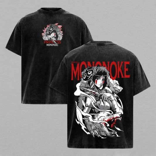 Princess Mononoke Washed Oversized T-shirt San Wolf Mask Anime Graphic Tee Vintage Cotton Streetwear Shirt for Men Women Ghibli Fans Gift