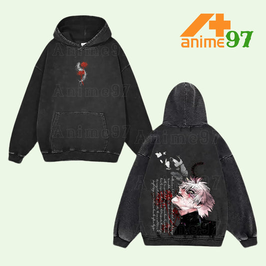 Ken Kaneki Tokyo Ghoul Red Spider Lily Retro Vintage Washed Graphic Hoodie - Limited Edition Streetwear Oversized Aesthetic Pullover - Premium Double Sided Tragedy One-Eyed Ghoul Centipede Identity Print