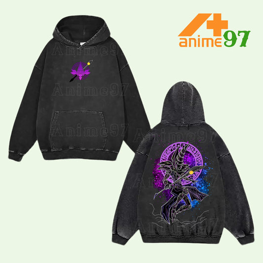 Dark Magician Yu-Gi-Oh! Yugi Muto Ultimate Wizard Retro Vintage Washed Graphic Hoodie - Limited Edition Streetwear Oversized Aesthetic Pullover - Premium Double Sided Dark Magic Attack Spell Circle Print