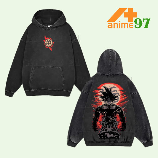 Son Goku Ultra Instinct Dragon Ball Super Retro Vintage Washed Graphic Hoodie - Limited Edition Streetwear Oversized Aesthetic Pullover - Premium Double Sided Master Roshi Kame Kanji Symbol Print