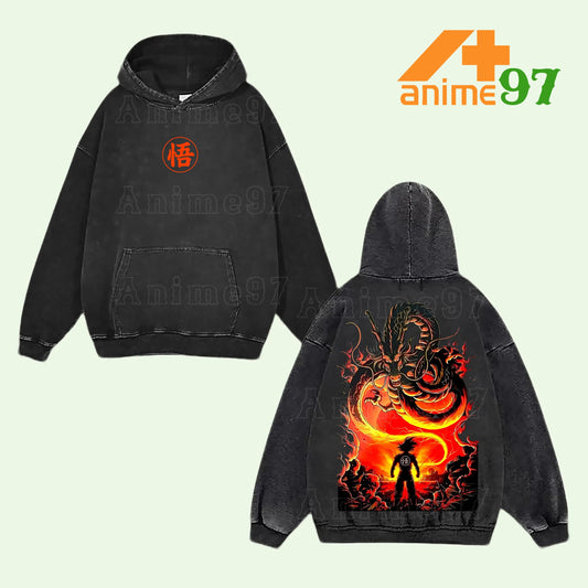 Son Goku Shenron Dragon Ball Z Retro Vintage Washed Graphic Hoodie - Limited Edition Streetwear Oversized Aesthetic Pullover - Premium Double Sided Eternal Dragon Go Kanji Symbol Print