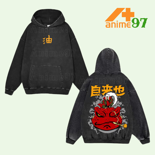 Jiraiya Toad Sage Naruto Shippuden Retro Vintage Washed Graphic Hoodie - Limited Edition Streetwear Oversized Aesthetic Pullover - Premium Double Sided Gamabunta Chief Toad Oil Kanji Print