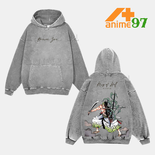 Roronoa Zoro King of Hell One Piece Retro Vintage Washed Graphic Hoodie - Limited Edition Streetwear Oversized Aesthetic Pullover - Premium Double Sided Santoryu Three Sword Style Print