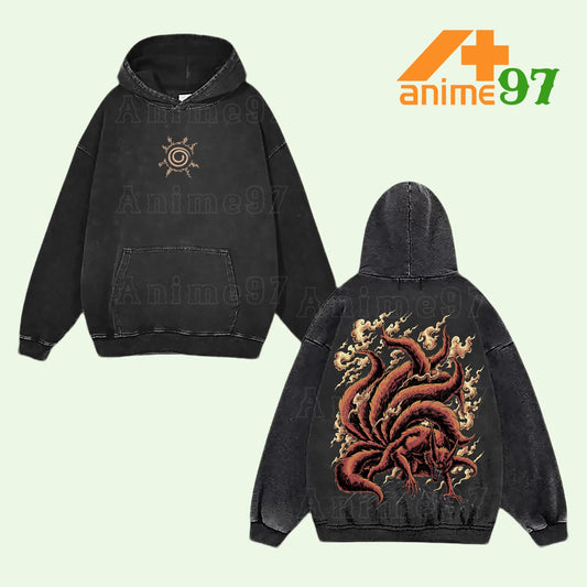 Kurama Nine-Tails Naruto Shippuden Retro Vintage Washed Graphic Hoodie - Limited Edition Streetwear Oversized Aesthetic Pullover - Premium Double Sided Eight Trigrams Sealing Formula Print