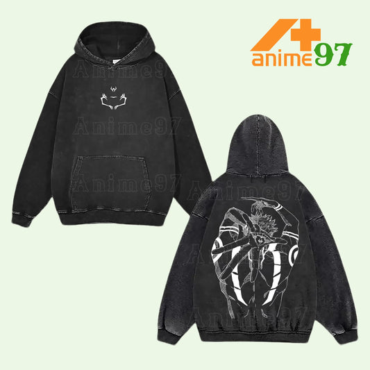 Ryomen Sukuna Jujutsu Kaisen King of Curses Retro Vintage Washed Graphic Hoodie - Limited Edition Streetwear Oversized Aesthetic Pullover - Premium Double Sided Malevolent Shrine Cursed Technique Print
