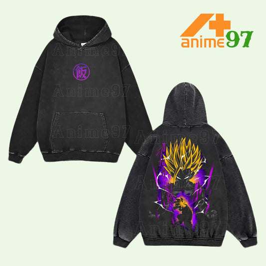 Super Saiyan 2 Gohan Dragon Ball Z Cell Games Retro Vintage Washed Graphic Hoodie - Limited Edition Streetwear Oversized Aesthetic Pullover - Premium Double Sided Father-Son Kamehameha Han Kanji Print