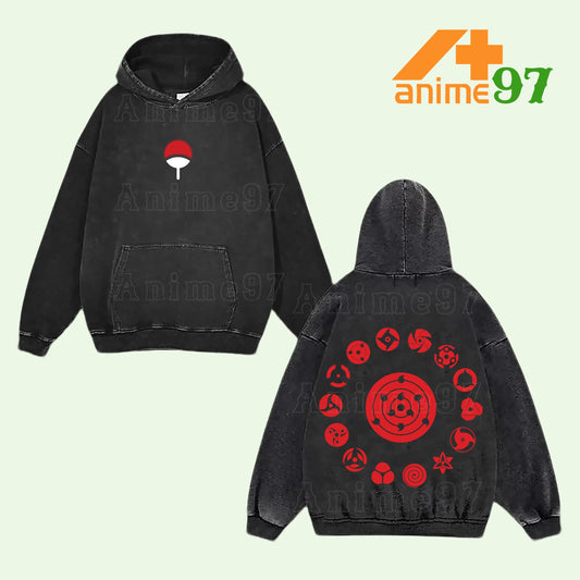 Uchiha Clan Mangekyou Sharingan Naruto Shippuden Retro Vintage Washed Graphic Hoodie - Limited Edition Streetwear Oversized Aesthetic Pullover - Premium Double Sided Eternal Mangekyou Rinnegan Crest Print