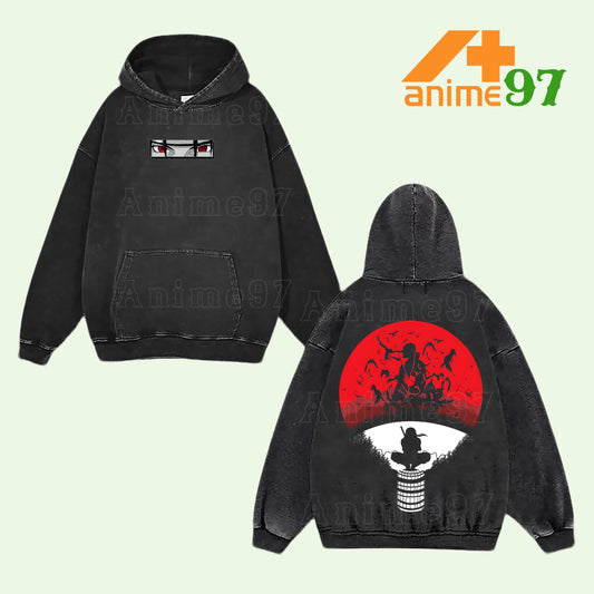 Itachi Uchiha Akatsuki Naruto Shippuden Retro Vintage Washed Graphic Hoodie - Limited Edition Streetwear Oversized Aesthetic Pullover - Premium Double Sided Mangekyou Sharingan Crow Silhouette Print