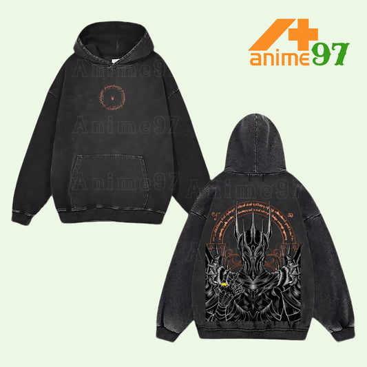 Sauron The Lord of the Rings Dark Lord of Mordor Retro Vintage Washed Graphic Hoodie - Limited Edition Streetwear Oversized Aesthetic Pullover - Premium Double Sided One Ring Eye of Sauron Print