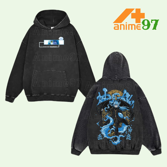 Rimuru Tempest That Time I Got Reincarnated as a Slime Lord of Monsters Retro Vintage Washed Graphic Hoodie - Limited Edition Streetwear Oversized Aesthetic Pullover - Premium Double Sided Blue Slime Azure Flame Print