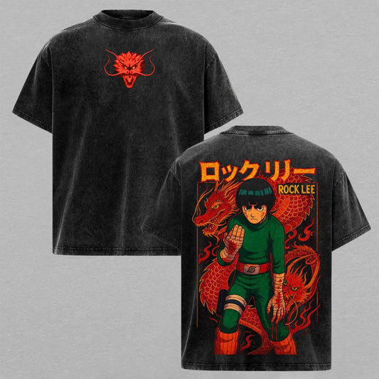 Rock Lee Red Dragon Taijutsu Warrior Washed T-shirt Limited Retro Vintage Oversized Streetwear Naruto Anime Graphic Tee Gift for Fans
