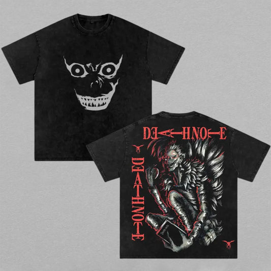 Ryuk Death Note Washed Oversized T-shirt Shinigami Death Note Book Back Print Vintage Heavyweight Cotton Anime Graphic Tee Streetwear Gift for Fans