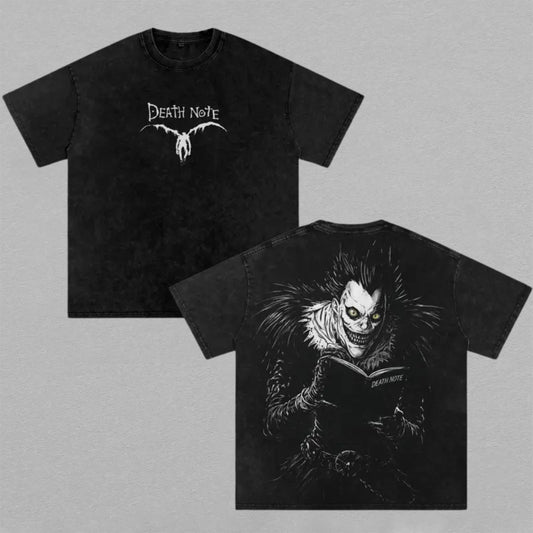 Ryuk Death Note Washed Oversized T-shirt Shinigami Reading Death Note Book Back Print Vintage Heavyweight Cotton Anime Graphic Tee Streetwear Gift for Fans