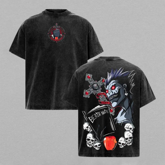 Ryuk Death Note Washed Oversized T-shirt Shinigami Skull Apple Cross Back Print Vintage Heavyweight Cotton Anime Graphic Tee Streetwear Gift for Fans