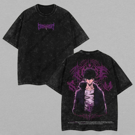 Retro Vintage Limited Sung Jinwoo Washed T-Shirt Solo Leveling Anime Graphic Tee Oversized Streetwear Gift for Anime Fans