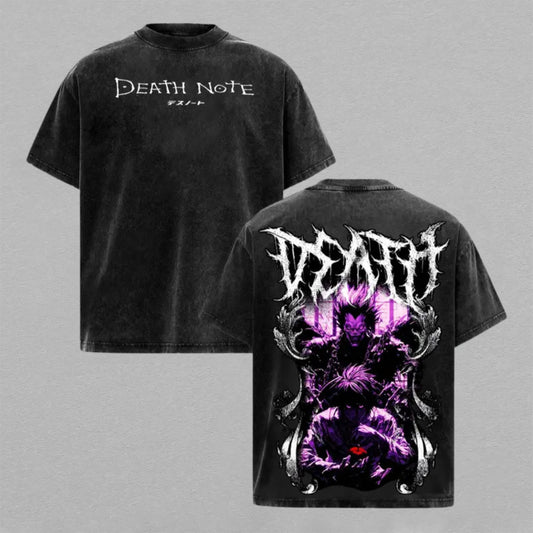 Shinigami Ryuk Light Yagami Death Note Washed Oversized T-shirt Purple Metal Logo Back Print Vintage Heavyweight Cotton Anime Graphic Tee Streetwear Gift for Fans