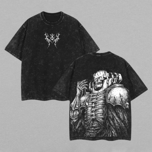 Skull Knight Berserk Washed Oversized T-shirt Black White Dark Fantasy Armor Back Print Vintage Heavyweight Cotton Anime Graphic Tee Streetwear Gift for Fans