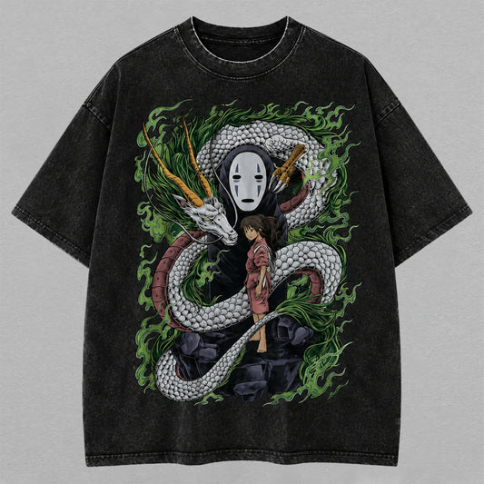 Spirited Away Haku Dragon No Face Chihiro Washed Oversized T-shirt Green Flame Anime Graphic Tee Vintage Cotton Streetwear Shirt for Men Women Ghibli Fans Gift