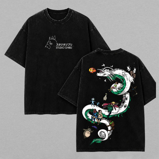 Studio Ghibli Haku Dragon Totoro No Face Washed Oversized T-shirt Anime Mashup Graphic Tee Vintage Cotton Streetwear Shirt for Men Women Ghibli Fans Gift