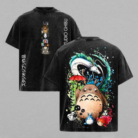 Studio Ghibli Totoro Haku Dragon No Face Ponyo Washed Oversized T-shirt Color Splash Anime Mashup Graphic Tee Vintage Cotton Streetwear Gift