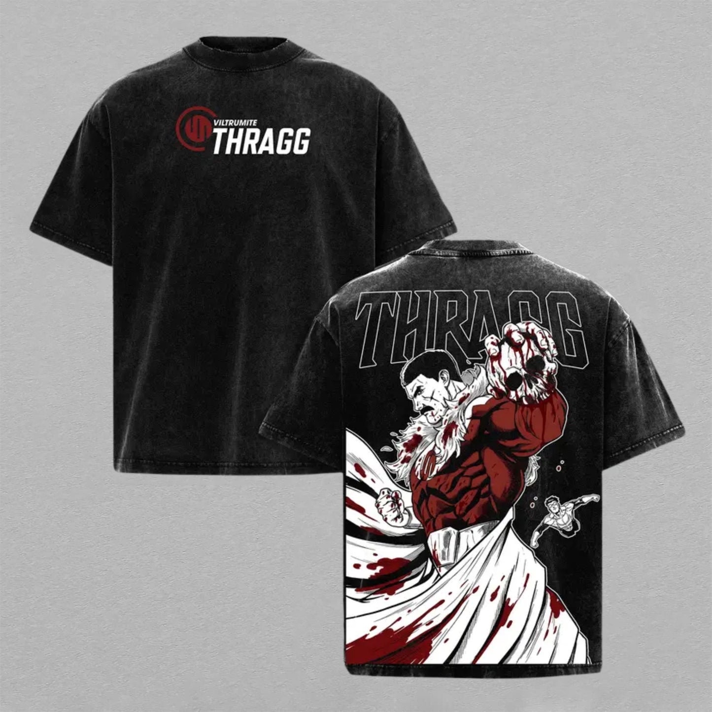 Thragg Viltrumite Invincible Bloody Battle Washed T-shirt Limited Retro Vintage Oversized Streetwear Villain Graphic Tee Gift for Comic Fans