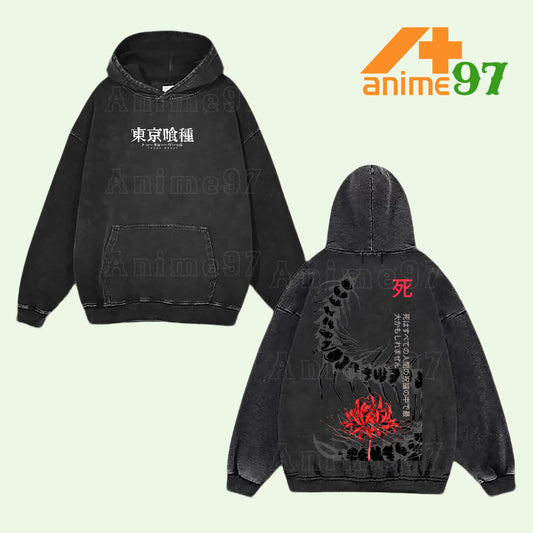 Ken Kaneki Tokyo Ghoul One-Eyed King Retro Vintage Washed Graphic Hoodie - Limited Edition Streetwear Oversized Aesthetic Pullover - Premium Double Sided Red Spider Lily Centipede Print