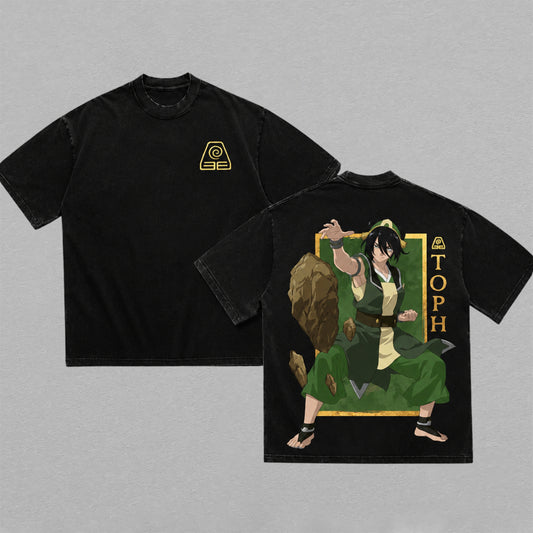 Toph Avatar The Last Airbender Washed Oversized T-shirt Earthbending Element Symbol Back Print Vintage Heavyweight Cotton Anime Graphic Tee Streetwear Gift for Toph Fans