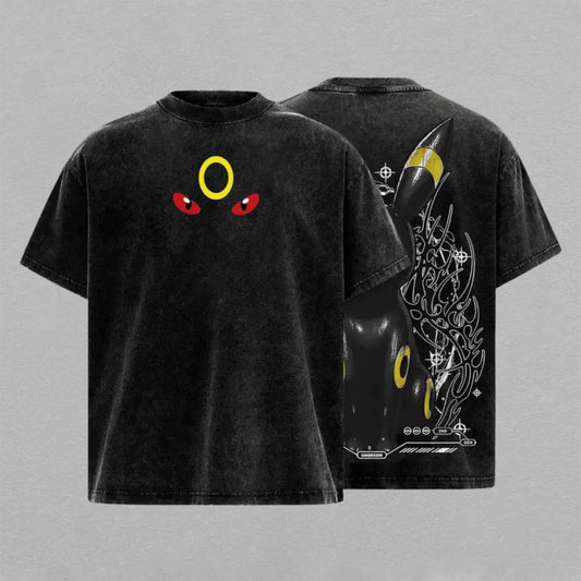 Umbreon Pokémon Washed Oversized T-shirt Red Eyes Moon Ring Black Shadow Back Print Vintage Heavyweight Cotton Anime Graphic Tee Streetwear Gift for Umbreon Fans