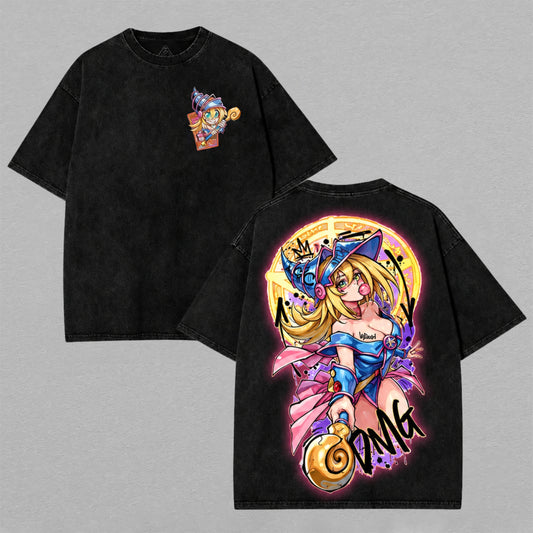 Yami Yugi Dark Magician Girl Yu-Gi-Oh Washed Oversized T-shirt Pink Magic Circle Graffiti Back Print Vintage Heavyweight Cotton Anime Graphic Tee Streetwear Gift for Fans