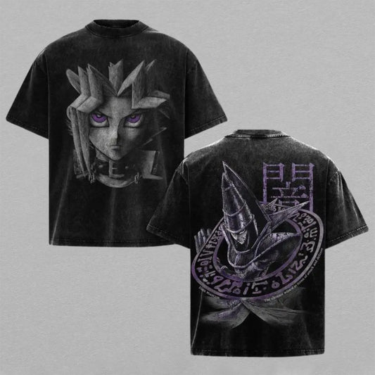 Yami Yugi Dark Magician Yu Gi Oh Washed Oversized T Shirt Purple Shadow Back Print Vintage Heavyweight Cotton Anime Graphic Tee Streetwear Gift for Fans