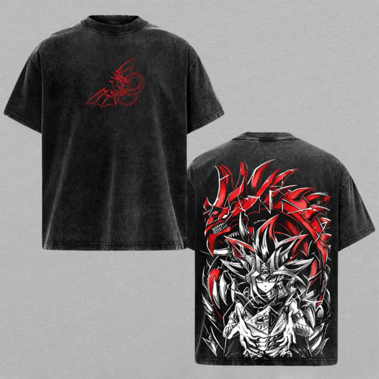 Yami Yugi Slifer The Sky Dragon Yu-Gi-Oh Washed Oversized T-shirt Red Dragon Back Print Vintage Heavyweight Cotton Anime Graphic Tee Streetwear Gift for Fans