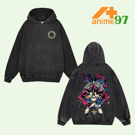 Yami Yugi Yu-Gi-Oh! King of Games Retro Vintage Washed Graphic Hoodie - Limited Edition Streetwear Oversized Aesthetic Pullover - Premium Double Sided Millennium Puzzle Spell Circle Print
