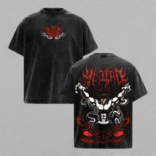 Yujiro Hanma Baki Gym Shirt Washed Oversized T-shirt Demon Back Muscular Fighter Back Print Vintage Heavyweight Cotton Anime Graphic Tee Streetwear Gift for Fans