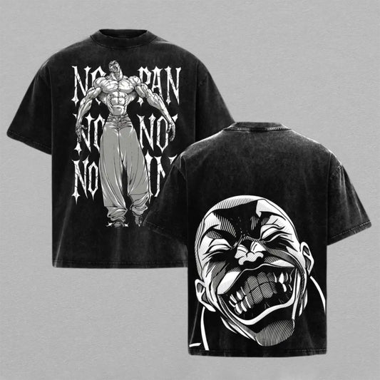 Yujiro Hanma Baki Gym Shirt Washed Oversized T-shirt No Pain No Gain Laughing Face Back Print Vintage Heavyweight Cotton Anime Graphic Tee Streetwear Gift for Fans