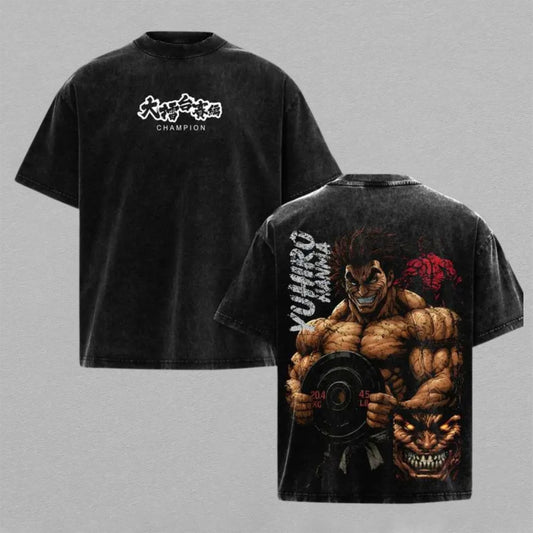 Yujiro Hanma Baki Gym Shirt Washed Oversized T-shirt Weightlifting Champion Ogre Back Print Vintage Heavyweight Cotton Anime Graphic Tee Streetwear Gift for Fans
