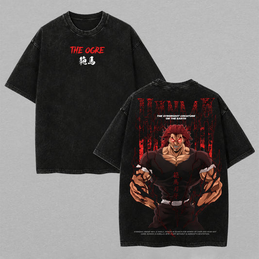 Yujiro Hanma The Ogre Baki Gym Shirt Washed Oversized T-shirt Strongest Creature Back Print Vintage Heavyweight Cotton Anime Graphic Tee Streetwear Gift for Fans