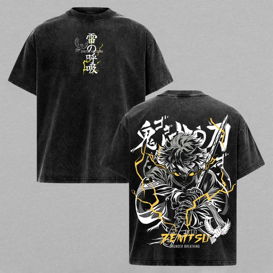 Zenitsu Agatsuma Thunder Breathing Demon Slayer Washed T-shirt Limited Retro Vintage Oversized Streetwear Anime Graphic Tee Gift for Fans