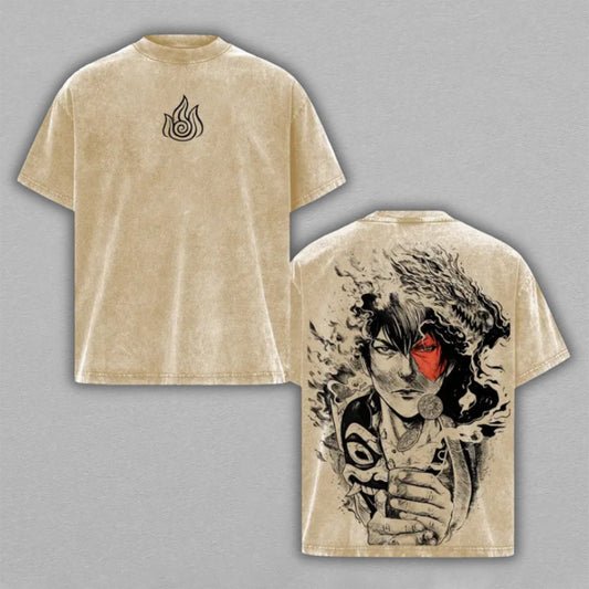 Zuko Avatar The Last Airbender Washed Oversized T-shirt Blue Spirit Mask Fire Smoke Portrait Back Print Vintage Heavyweight Cotton Anime Graphic Tee Streetwear Gift for Zuko Fans