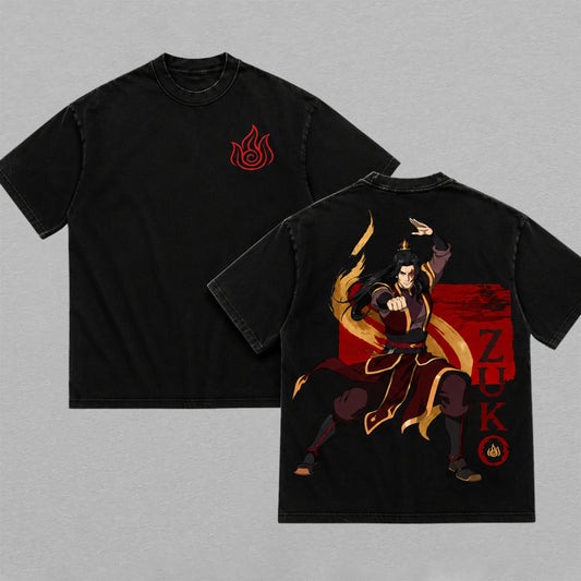 Zuko Avatar The Last Airbender Washed Oversized T-shirt Fire Nation Flame Back Print Vintage Heavyweight Cotton Anime Graphic Tee Streetwear Gift for Zuko Fans