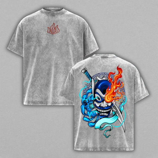 Zuko Blue Spirit Avatar The Last Airbender Washed Oversized T-shirt Fire Mask Sword Back Print Vintage Heavyweight Cotton Anime Graphic Tee Streetwear Gift for Fans